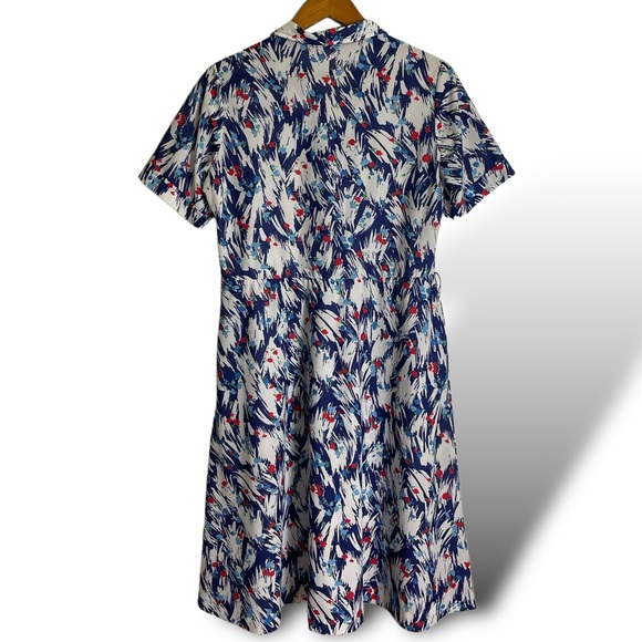 Vintage 40s Floral Rayon Dress Blue Red White Short Sleeve Midi Summer Dress - Picture 5 of 5